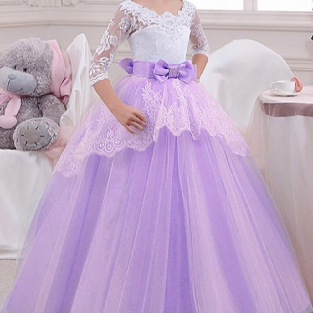 New Light Purple White Lace Sparkly Long Dress